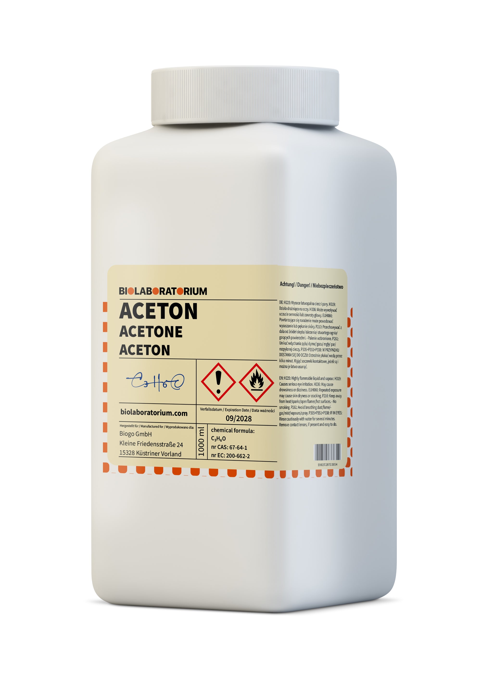 1L bottle of Aceton from BioLaboratorium with a clear liquid and label indicating product details and specifications.