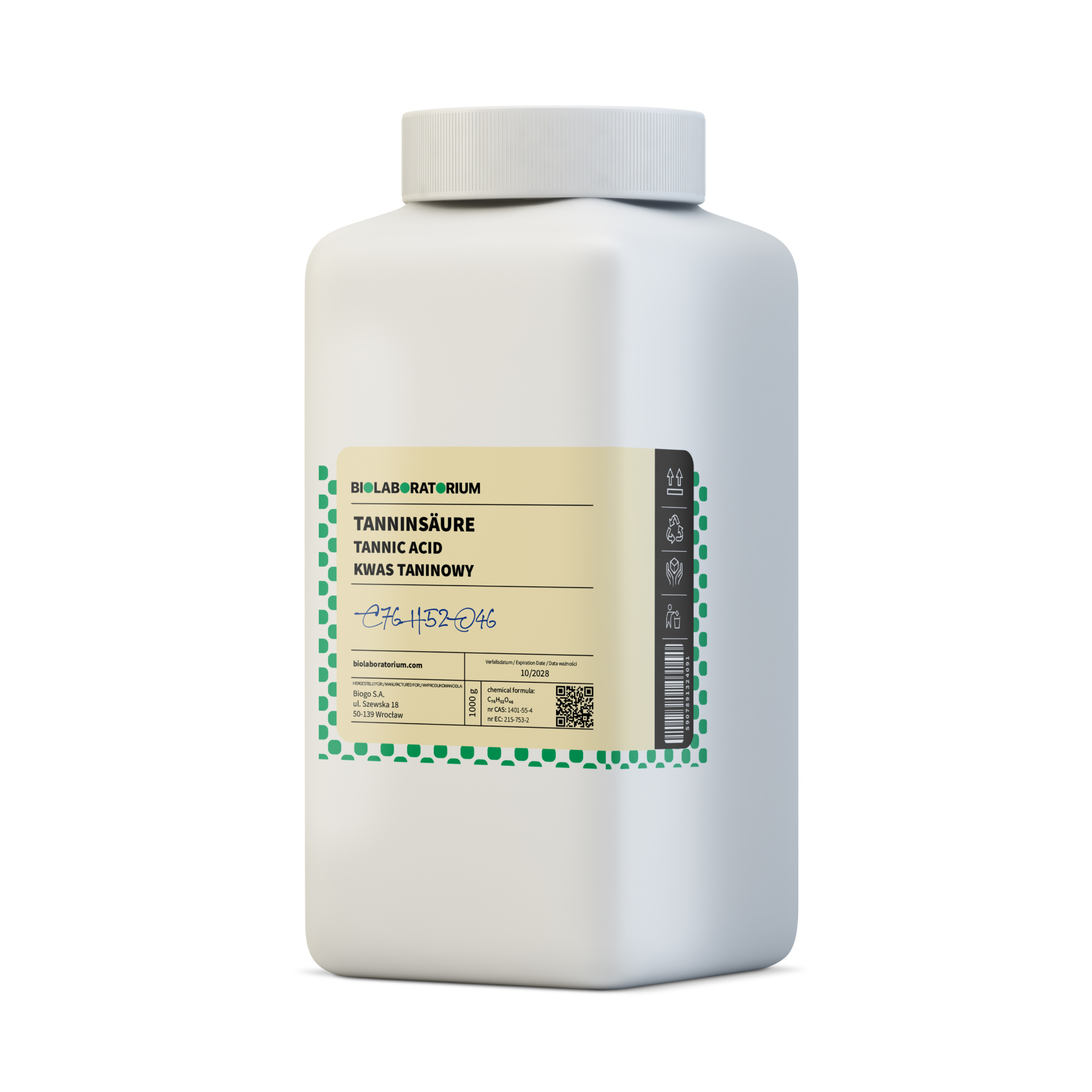 Tanninsäure 1kg von BioLaboratorium, feines Pulver in einem transparenten Beutel, für chemische und biologische Anwendungen