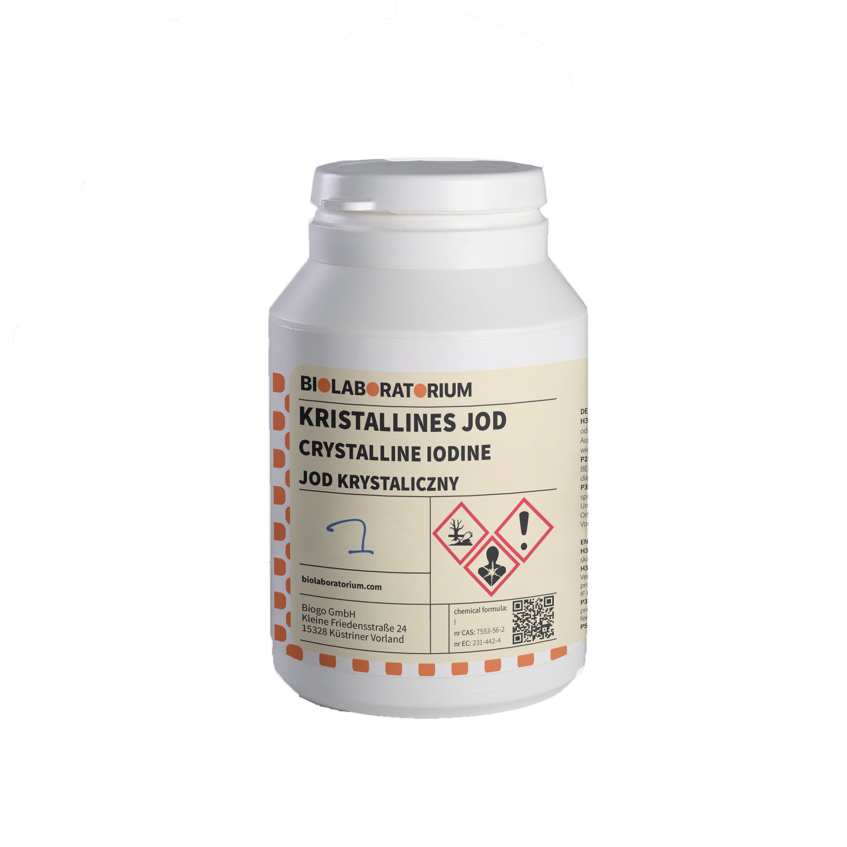 Kristallines Jod 25 g package from BioLaboratorium, featuring a clear label and crystalline iodine inside.