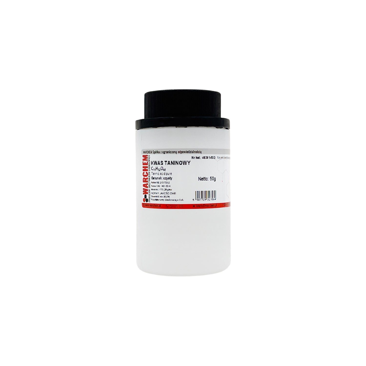 Tanninsäure Rein 50g von ChemMarkt.de, weiße Pulverform, in Beutel verpackt, Nahaufnahme der Tanninsäure- Verpackung
