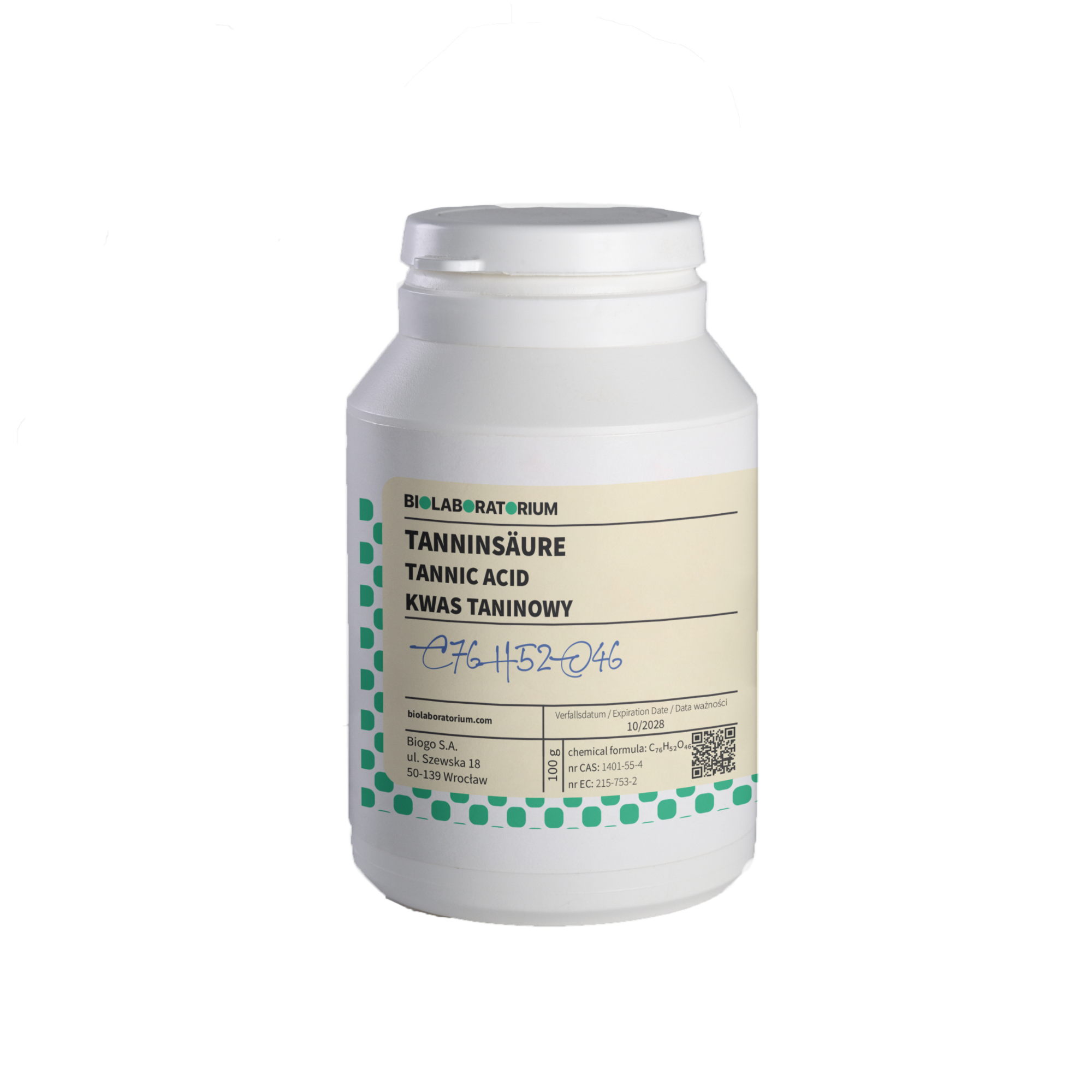 Tanninsäure in 100g Packung von BioLaboratorium, chemische Substanz mit dunkler Pulverform, für Laboranwendungen