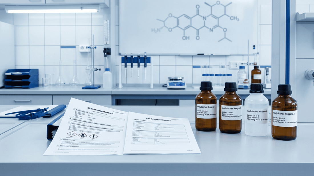 Chemikalienflaschen mit CAS-, EG- und REACH-Kennzeichnungen neben Sicherheitsdatenblatt in einem professionellen Labor