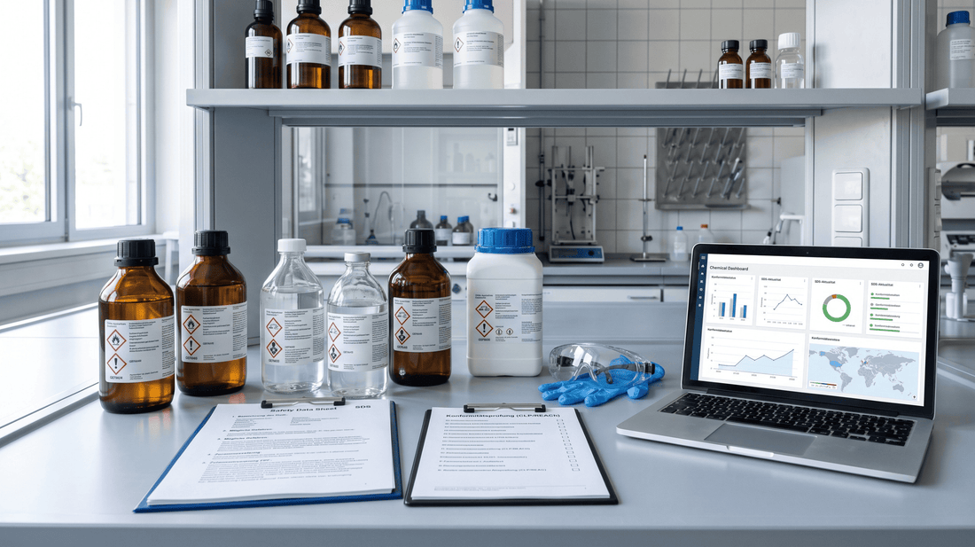 Chemikalienbehälter mit CLP-Gefahrenkennzeichnung neben Sicherheitsdatenblatt und Prüfliste in einem professionellen Labor