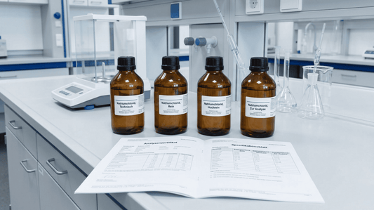 Laborchemikalien mit unterschiedlichen Reinheitsgraden neben Analysenzertifikat in einem professionellen Chemielabor