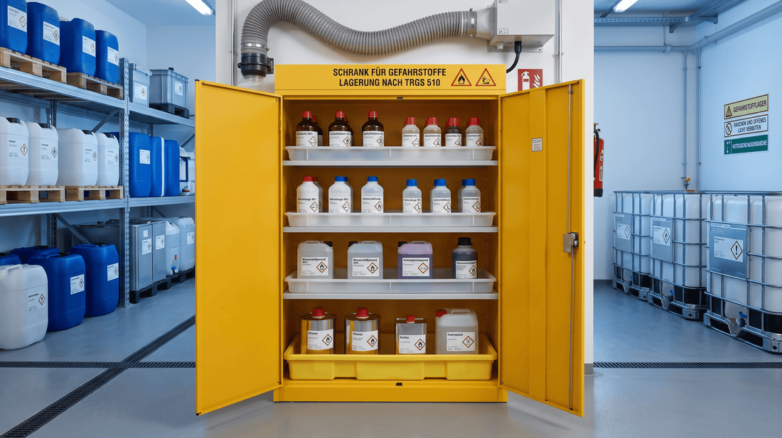Getrennte und gekennzeichnete Chemikalienbehälter in einem professionellen Gefahrstoffschrank mit separaten Auffangwannen