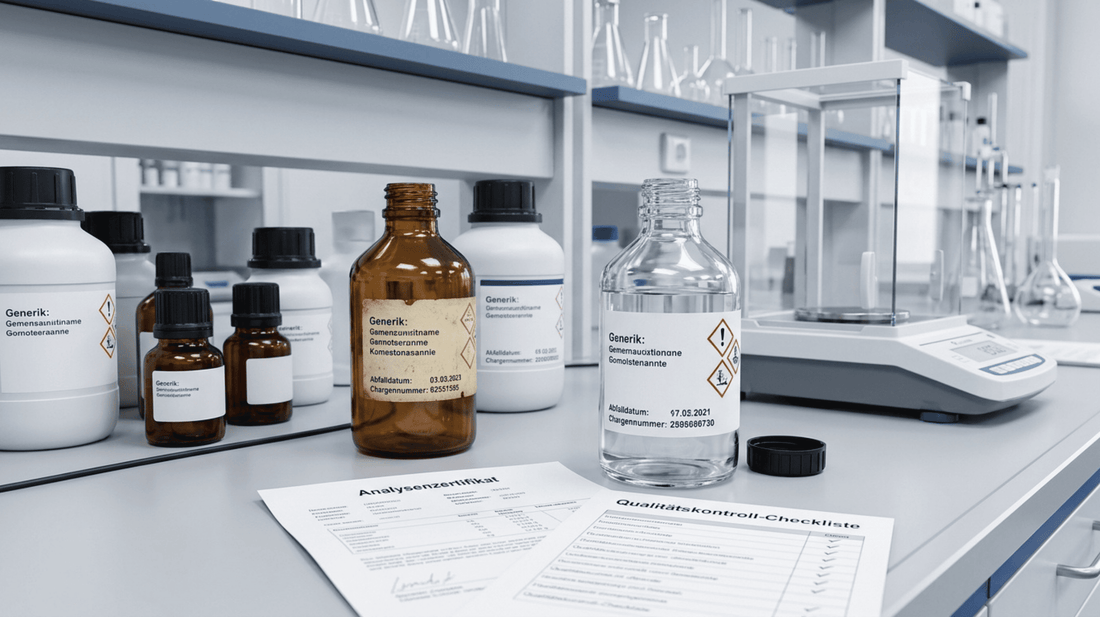 Ältere und neue Reagenzflaschen mit Chargenetiketten neben Analysenzertifikat in einem professionellen Chemielabor