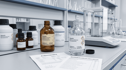 Ältere und neue Reagenzflaschen mit Chargenetiketten neben Analysenzertifikat in einem professionellen Chemielabor