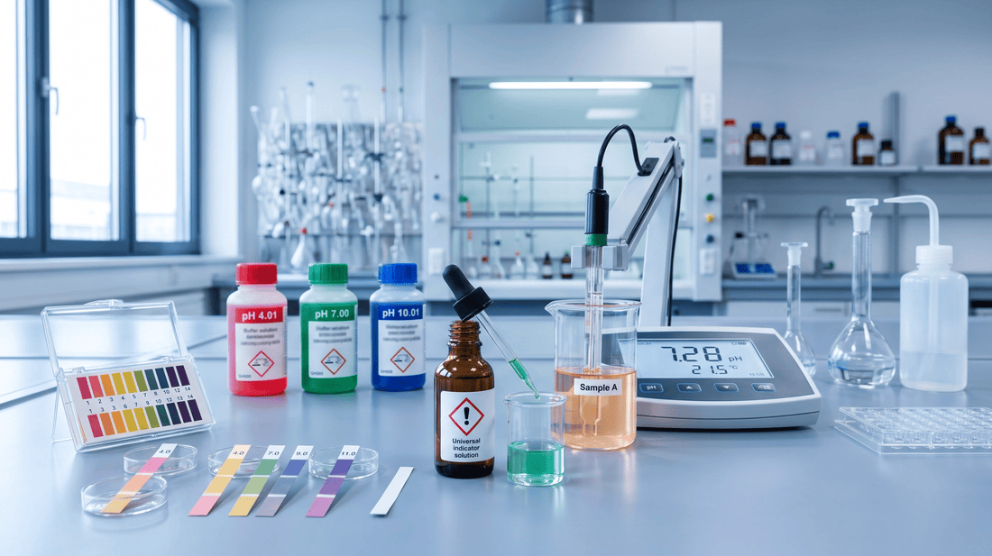 pH-Teststreifen, Indikatorlösung und digitales pH-Meter bei der Messung einer Laborprobe