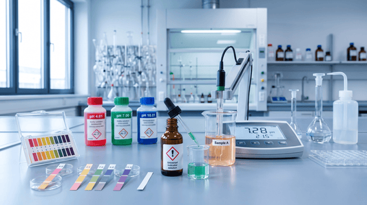 pH-Teststreifen, Indikatorlösung und digitales pH-Meter bei der Messung einer Laborprobe