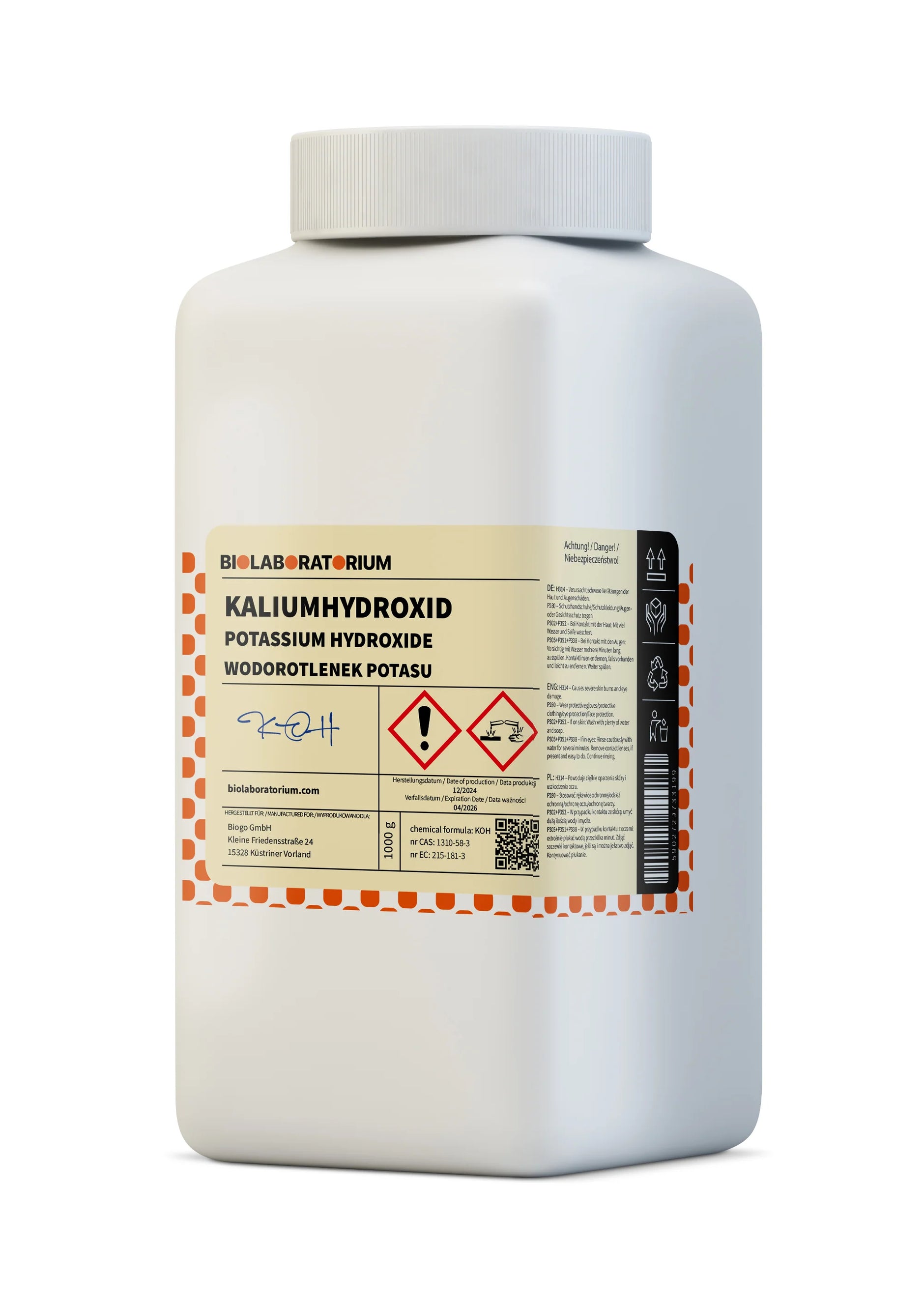 Kaliumhydroxid 1000g vom ChemMarkt.de, ADR-konformes chemisches Laborprodukt, weiße Kristalle in Verpackung.