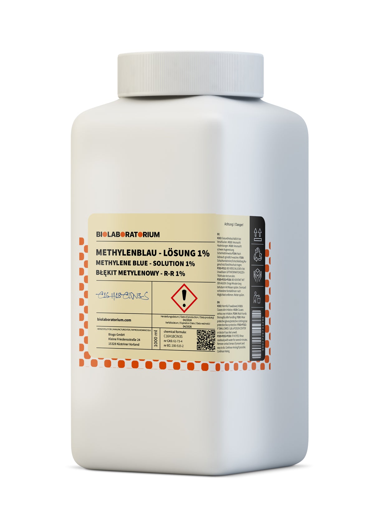 Methylenblaulösung 1% in 1000 ml Flasche von BioLaboratorium, klare bläuliche Flüssigkeit für medizinische Tests