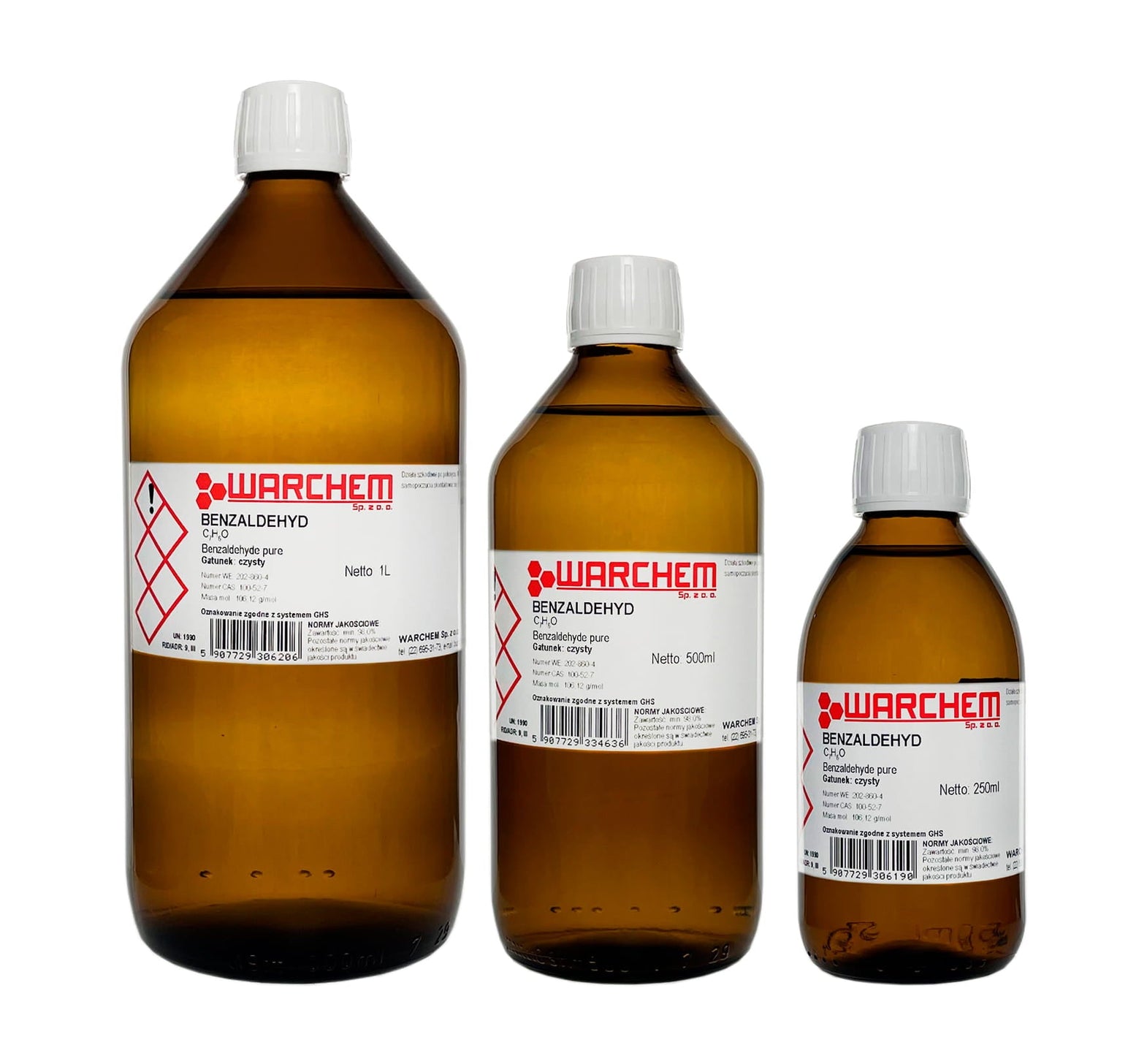 Reine Benzaldehyd-Duftstoff in 100ml Flasche, ADR-Produkt von WARCHEM, klare Flüssigkeit in Glasflasche sichtbar