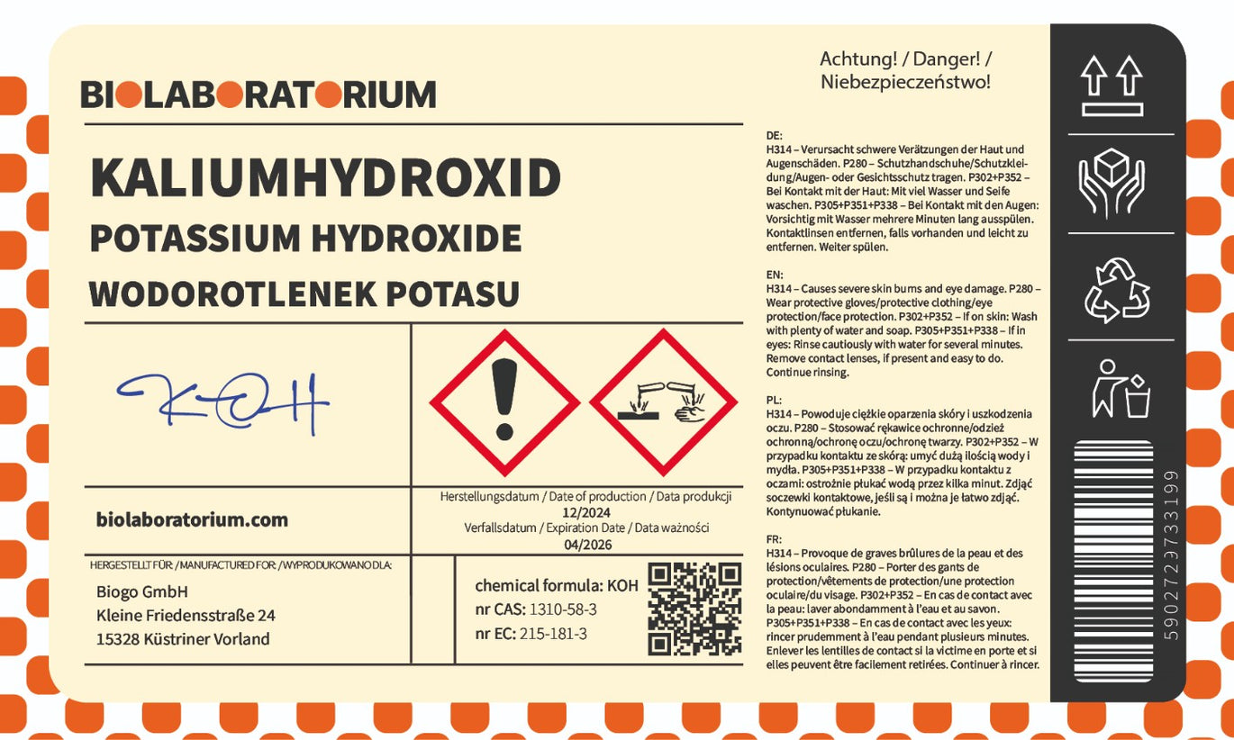 Kaliumhydroxid 1000g vom ChemMarkt.de, chemisches ADR-Produkt, weiße Kristalle in transparentem Behälter sichtbar