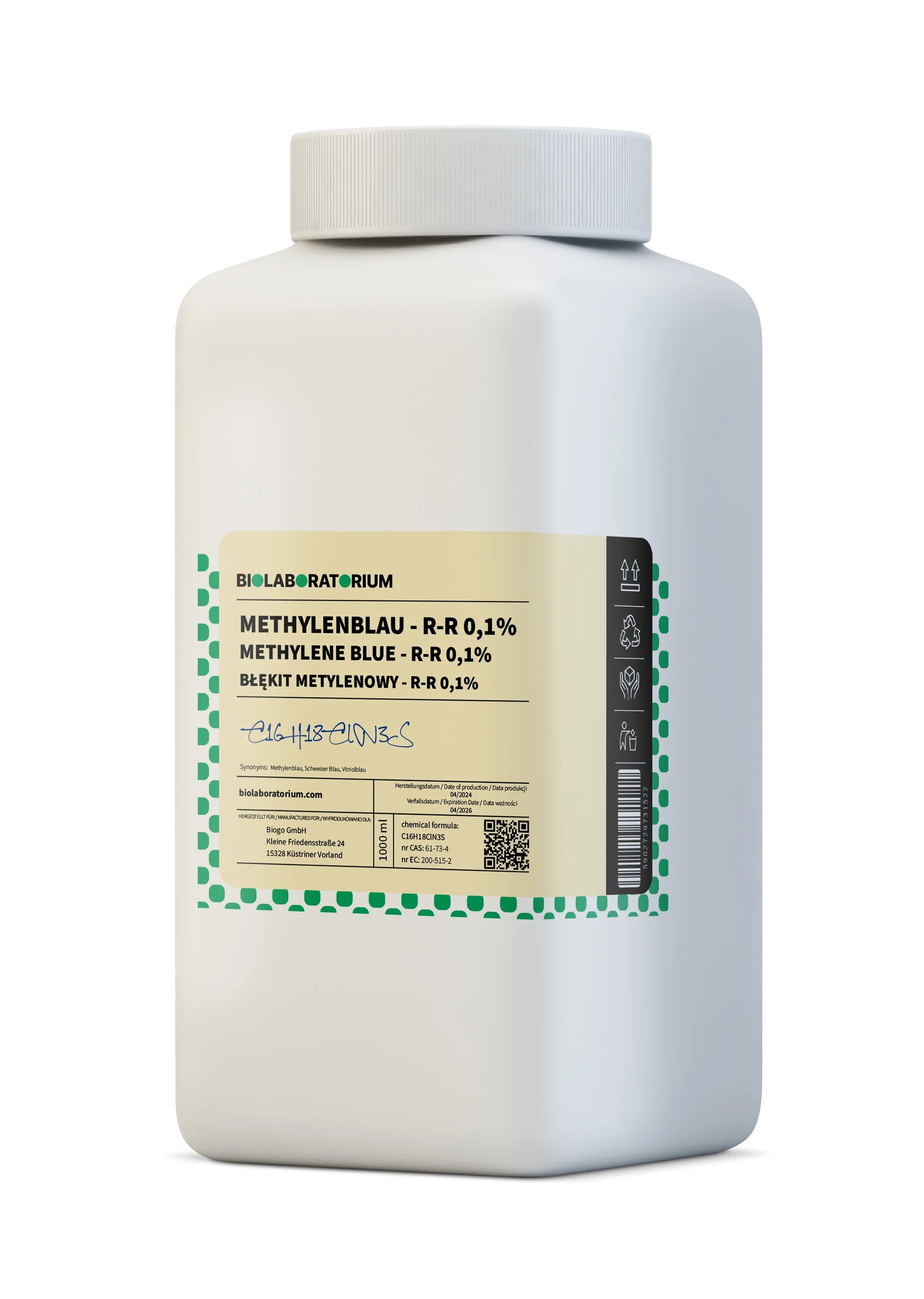 METHYLENBLAU Lösung 0,1 % in 1000 ml Flasche, chemische Reagenz von ChemMarkt.de, für Laboranwendungen, klare blaue Flüssigkeit