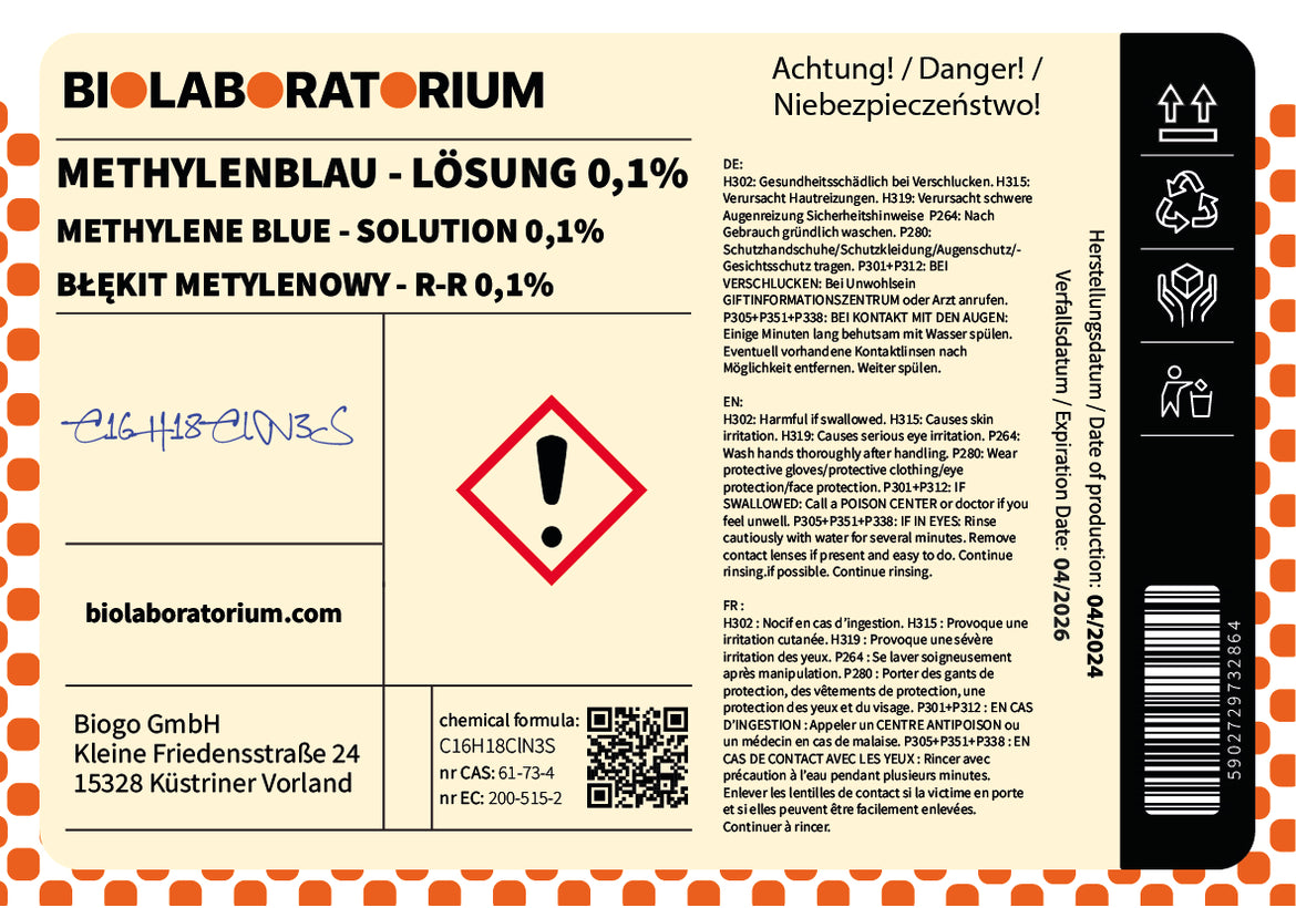 METHYLENBLAU Lösung 0,1 % von ChemMarkt.de, 1000 ml Flasche, chemische Reagenz für Laboranwendungen, klar und flüssig