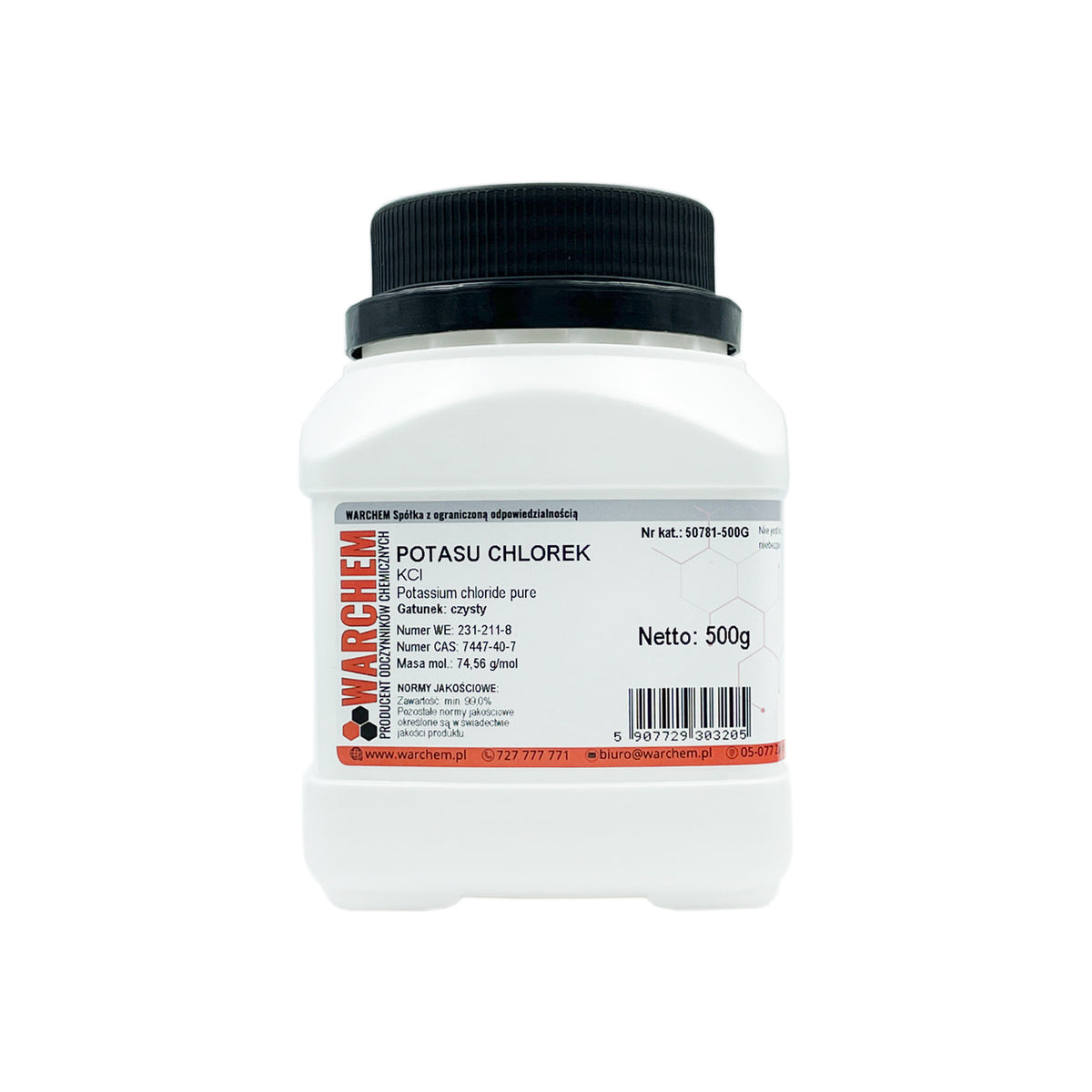 Reines Kaliumchlorid 500g von ChemMarkt.de, chemische Substanz in einer transparenten Verpackung, ideal für Labore und Anwendungen