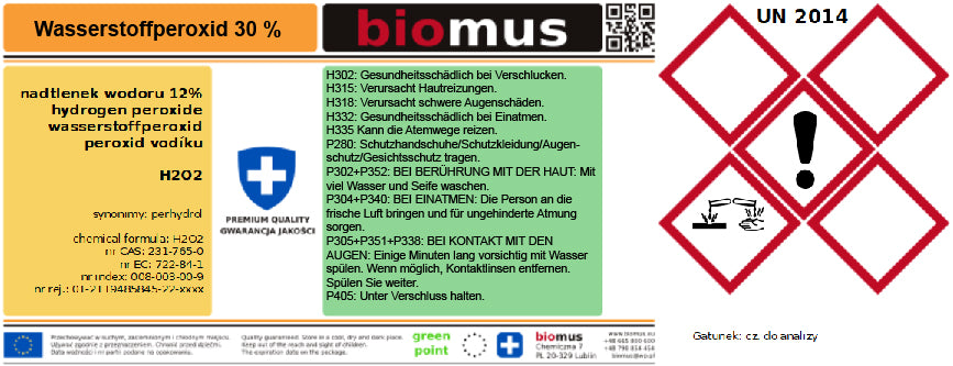 Perhydrol. Peroxyde d'hydrogène 30%. BIOMUS de qualité analytique 1L