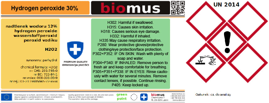 Perhydrol. Peroxyde d'hydrogène 30%. BIOMUS de qualité analytique 1L
