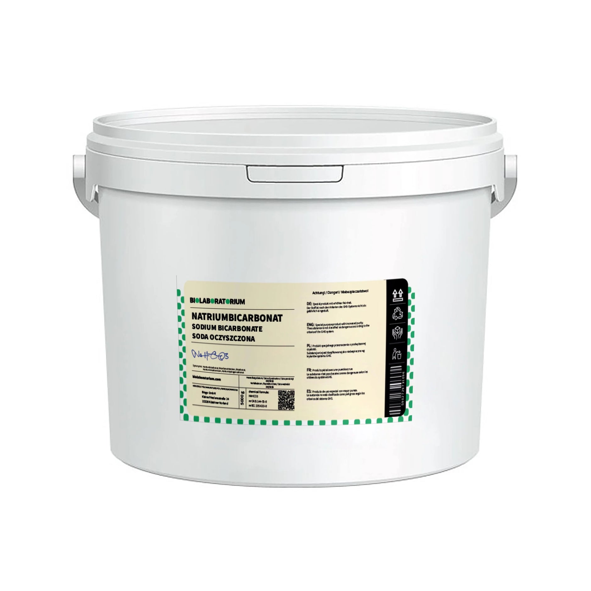 Backpulver Natriumbicarbonat 5kg von BioLaboratorium, chemisch reines ADR Produkt, in einer transparenten Verpackung.