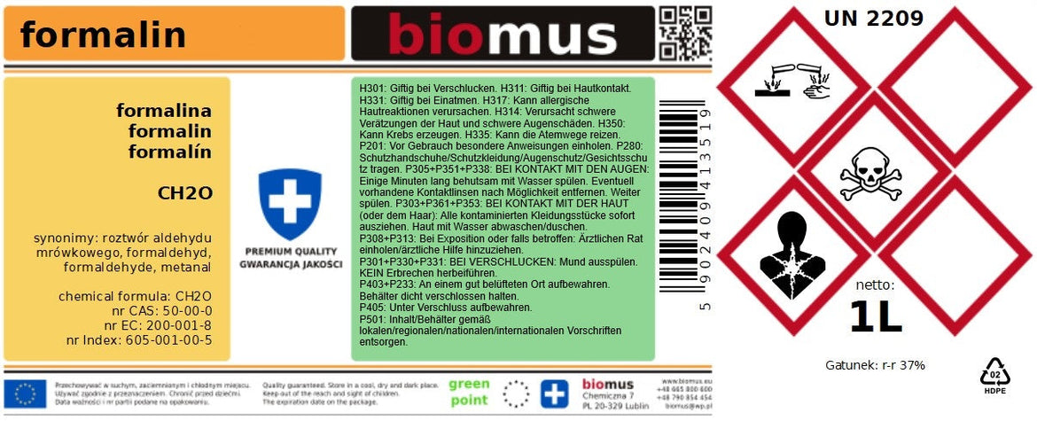 Formalin 37% in 1000ml Flasche von BIOMUS, ADR Produkt für Laboranwendungen, klare Flüssigkeit für chemische Tests.
