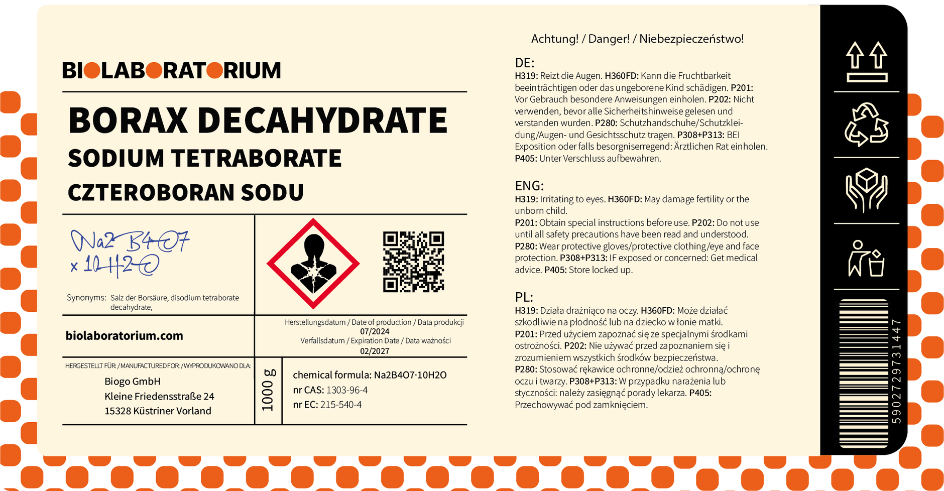 Borax Natriumtetraborat Decahydrat 1000g von BioLaboratorium, weiße Kristalle im Beutel, chemisches Reinigungsmittel