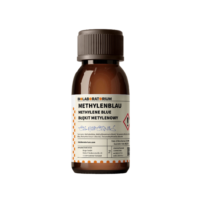 Methylenblaulösung 1% von Biolaboratorium, 100 ml Flasche, klare blaue Flüssigkeit, für medizinische und labortechnische Anwendungen