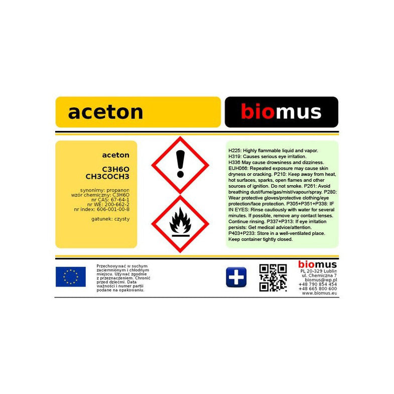 Flüssiges Aceton in 1-Liter-Flasche von BIOMUS, klare chemische Substanz für industrielle und wissenschaftliche Anwendungen