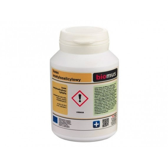 Weiße Tabletten aus Acetylsalicylsäure in einer Dose, hergestellt von BIOMUS, für Schmerzlinderung und Fieberreduzierung