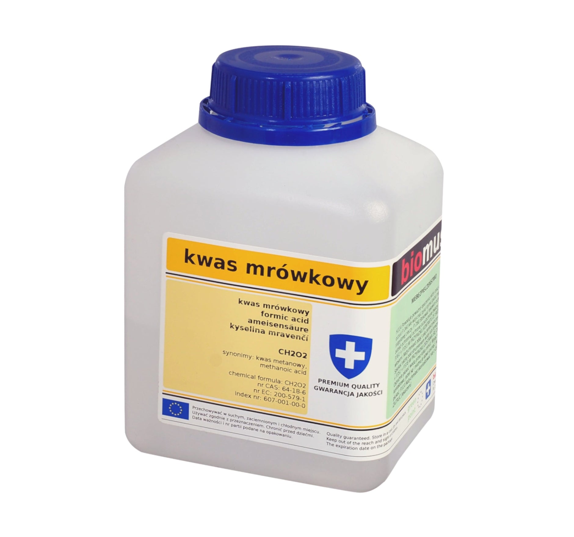 Hochkonzentrierte Ameisensäure 85% in 500ml Flasche von BIOMUS, klare Flüssigkeit in transparenter Flasche.