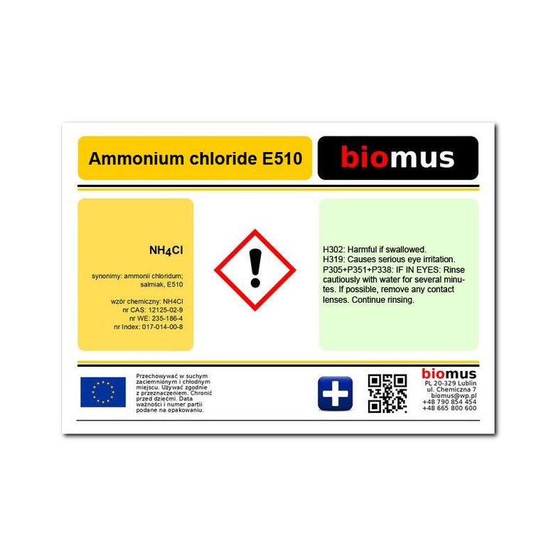 Ammoniumchlorid 5kg von BIOMUS, chemisches Salz in einem weißen Beutel, auf weißem Hintergrund.
