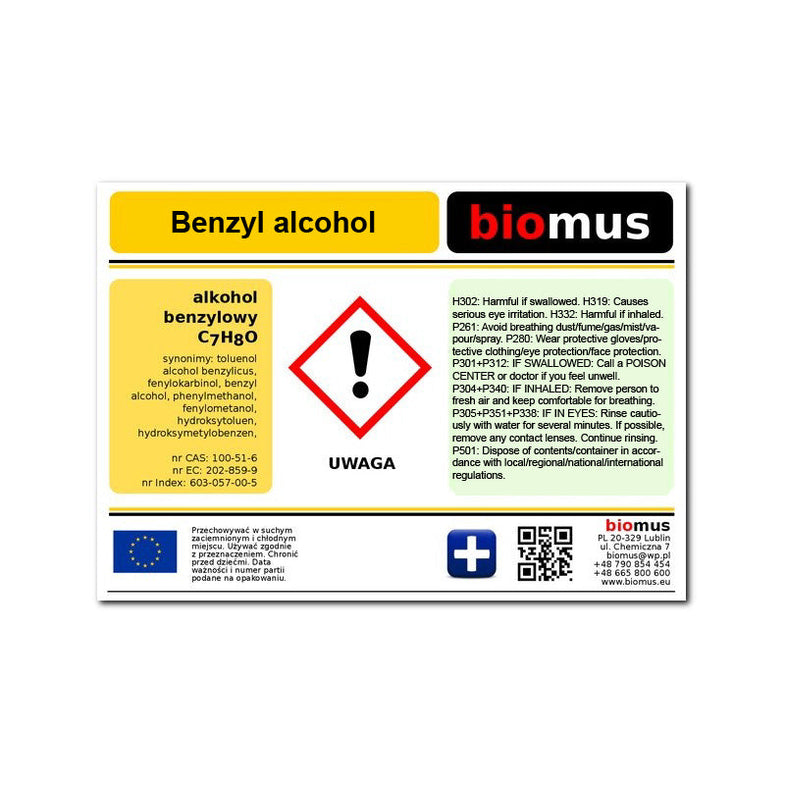Benzylalkohol 500ml von BIOMUS in einer transparenten Flasche, chemische Lösung für industrielle und medizinische Anwendungen