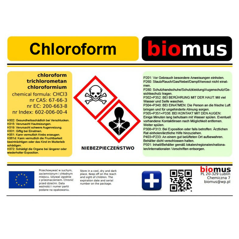 Chloroform 100ml von BIOMUS, ADR Produkt, Flasche mit weißem Etikett, chemische Substanz in transparentem Behälter