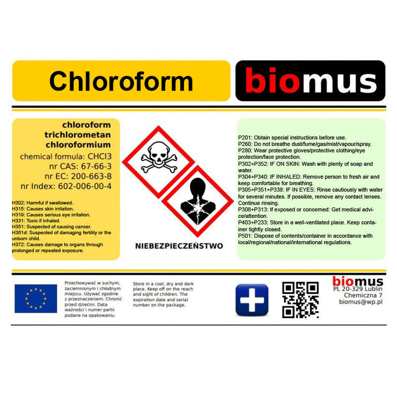 Chloroform 250ml von BIOMUS, ADR Produkt, flüssige Chemikalie in transparentem Behälter, chemischer Stoff für Laboreinsatz