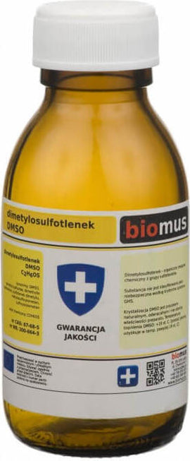 Dimethylsulfoxid DMSO in 100ml Glasflasche von BIOMUS, klare Flüssigkeit in durchsichtiger Flasche auf weißem Hintergrund