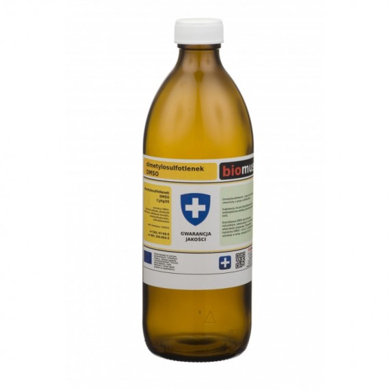 Reines DMSO Dimethylsulfoxid in einer 500ml Glasflasche von BIOMUS, klare Flüssigkeit in transparentem Behälter sichtbar
