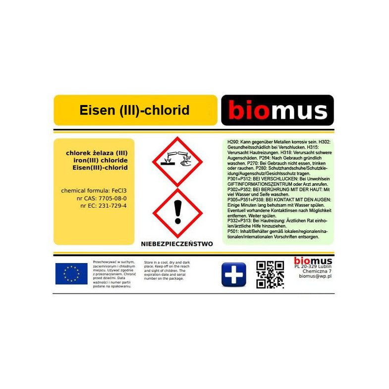 Eisenchlorid 37 % in 250 ml Flasche von BIOMUS, chemisches Reagenz mit grüner Flüssigkeit, Flasche mit Etikett