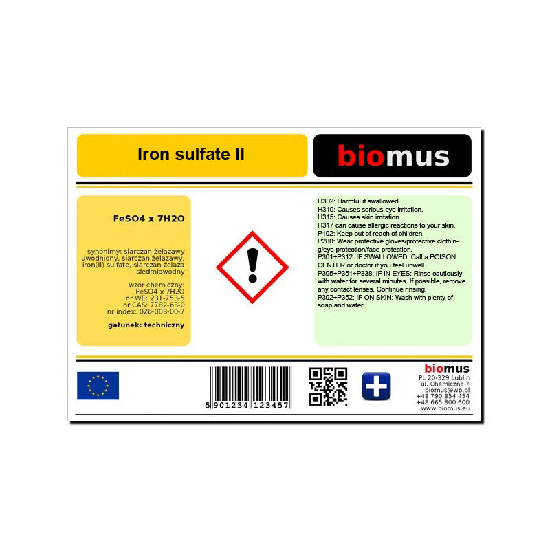 Eisensulfat Frühlingsdünger 1kg von BIOMUS, chemisches Düngemittel für gesunden Pflanzenwachstum, auf weißem Hintergrund.