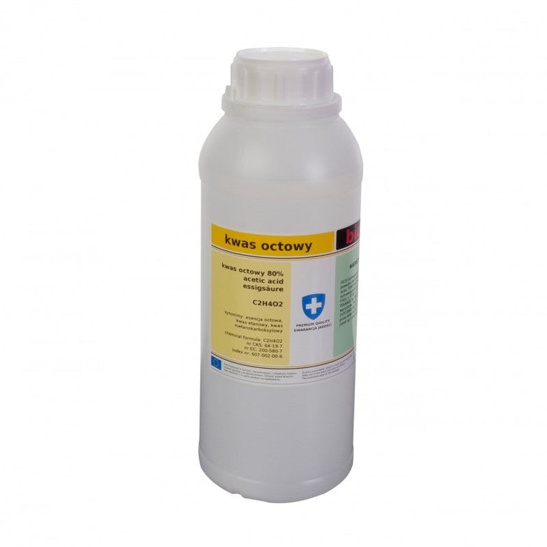Essig-Essenz mit 80% Essigsäure von BIOMUS, 1 Liter Flasche, dunkle Flüssigkeit in Glasflasche, ADR Produkt