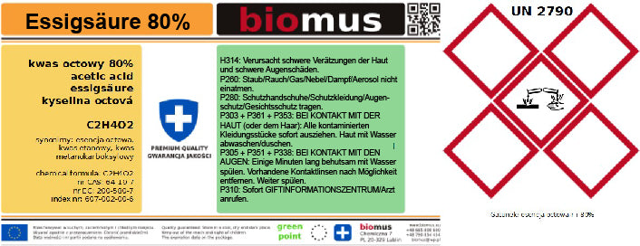 Essig-Essenz. Essigsäure 80% 500ml BIOMUS - ChemMarkt.de