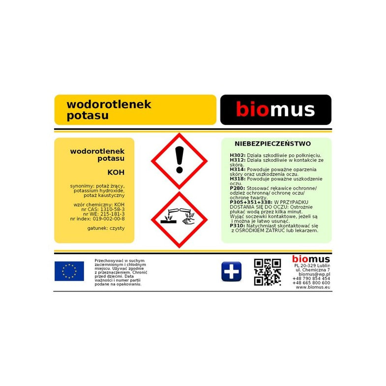 Kaliumhydroxid 1kg von BIOMUS, ADR Produkt, chemische Substanz in Kunststoffverpackung, klare Flüssigkeit, chemische Chemikalie