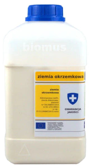 Kieselgur Diatomite 500g von BIOMUS, feines Pulver für natürliche Schädlingsbekämpfung und Bodenverbesserung, in der Verpackung.