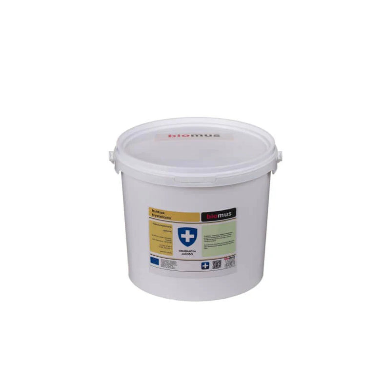 Kristalline Fruktose in 5 kg Packung von BIOMUS, fein kristalline Süßungsmittel für die Küche, detailreiche Verpackungsaufnahme