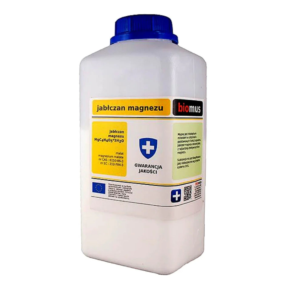 Magnesiummalat Pulver von BIOMUS, 500g, feines Pulver in einer transparenten Verpackung sichtbar.