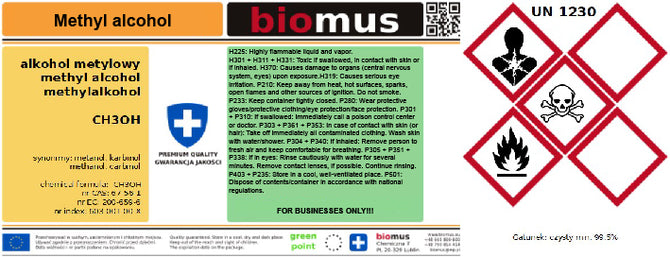 Methylalkohol 99,5 % in 500 ml Flasche von BIOMUS, klare Flüssigkeit für chemische Anwendungen