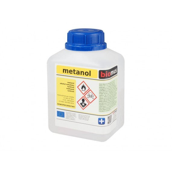 Clear 500ml bottle of BIOMUS methyl alcohol 99.5% with a white screw cap, labeled for industrial or laboratory use