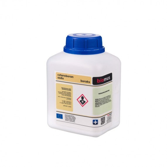 Reines Natriumtetraborat (Borax) in 250g Verpackung von BIOMUS, chemisches Reinigungsmittel, sichtbare Borax-Tabletten.