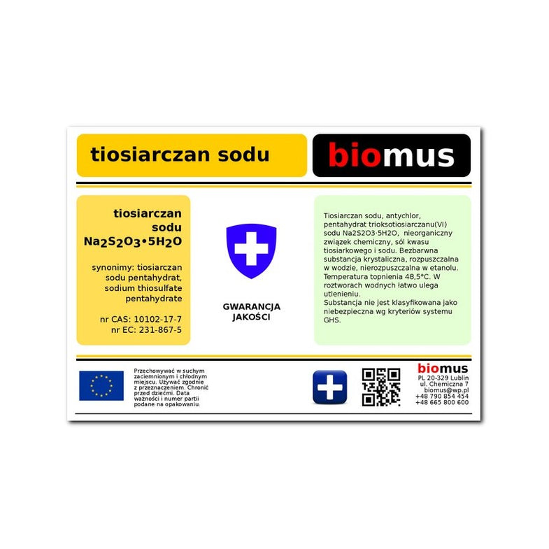 Natriumthiosulfat 1kg von BIOMUS, chemisches Pulver in einer transparenten Verpackung auf weißem Hintergrund