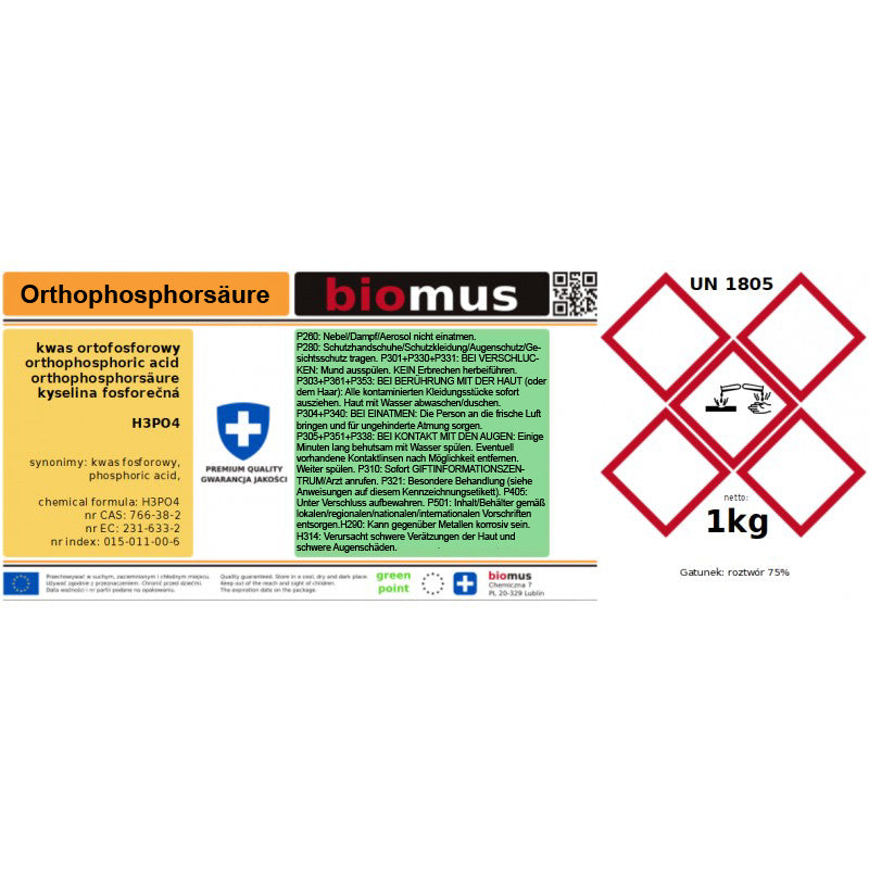 Orthophosphorsäure 75 %. Phosphorsäure 1kg BIOMUS - ChemMarkt.de