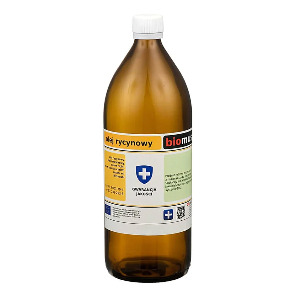 Rizinusöl unraffiniert und hexanfrei von BIOMUS in 500ml Flasche, cremige Textur und dunkle Flasche sichtbar