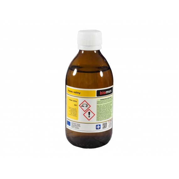 250ml BIOMUS Salzsäure 4% bottle showing clear liquid in a laboratory container